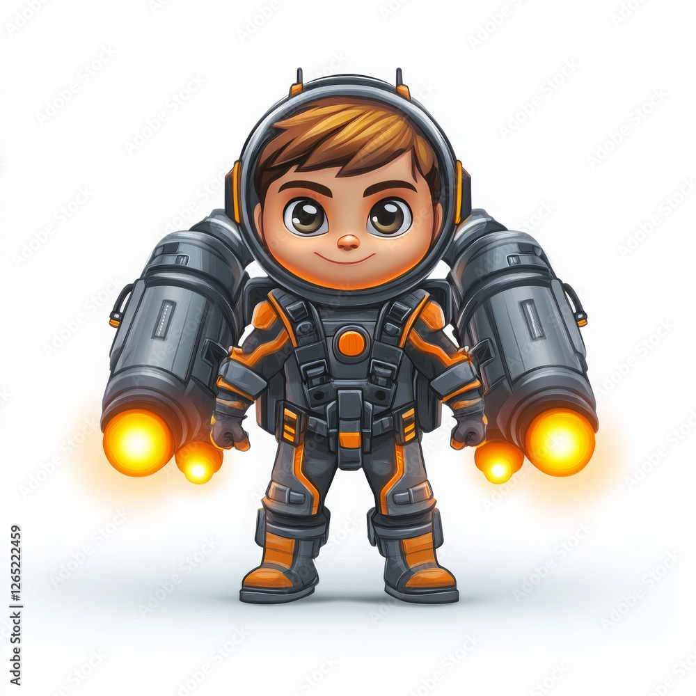 Boy superhero smiling with jetpack ready for action and adventure Boy superhero smiling with jetpack ready for action and adventure