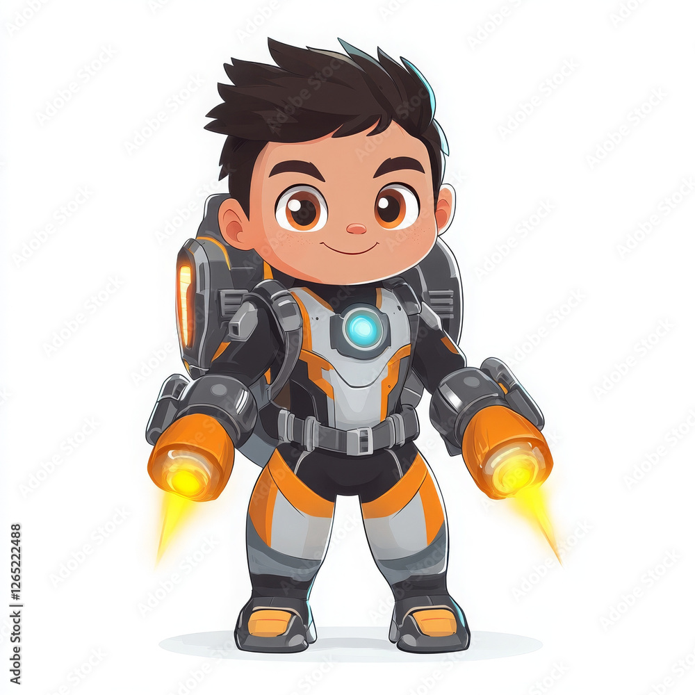 Boy superhero front view looks confident with jetpack ready for adventure Boy superhero front view looks confident with jetpack ready for adventure