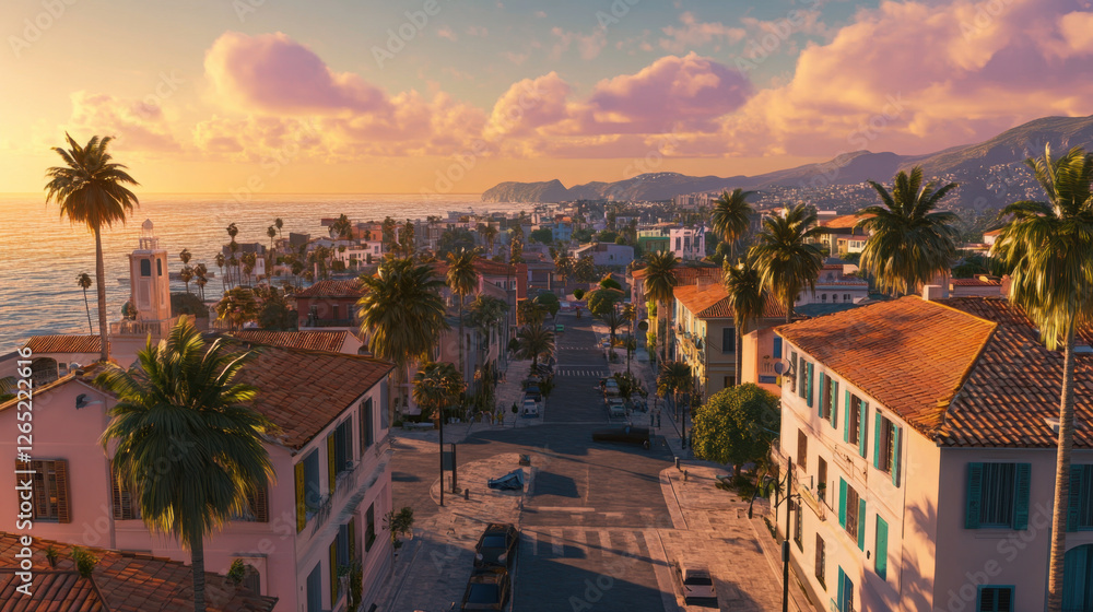 Sunset over a coastal city on the ocean background Sunset over a coastal city on the ocean background
