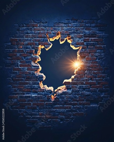 A broken brick wall with an opening in the center, representing breaking through environmental illusions and physical obstacles. The background is dark blue to create contrast