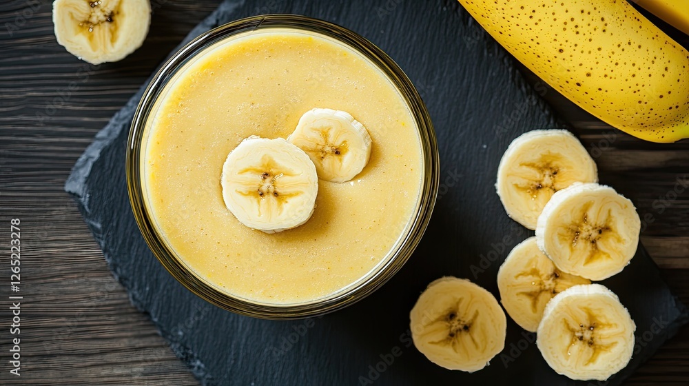 A vibrant banana smoothie served with fresh banana slices on the side, perfect for a health-conscious morning. A vibrant banana smoothie served with fresh banana slices on the side, perfect for a health-conscious morning.