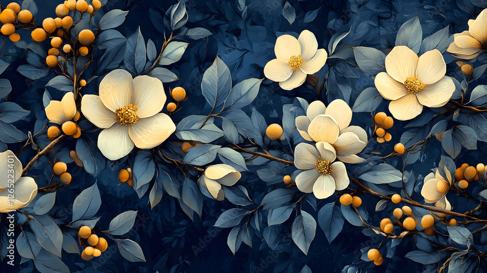 Delicate flowers and berries on a dark blue background Delicate flowers and berries on a dark blue background