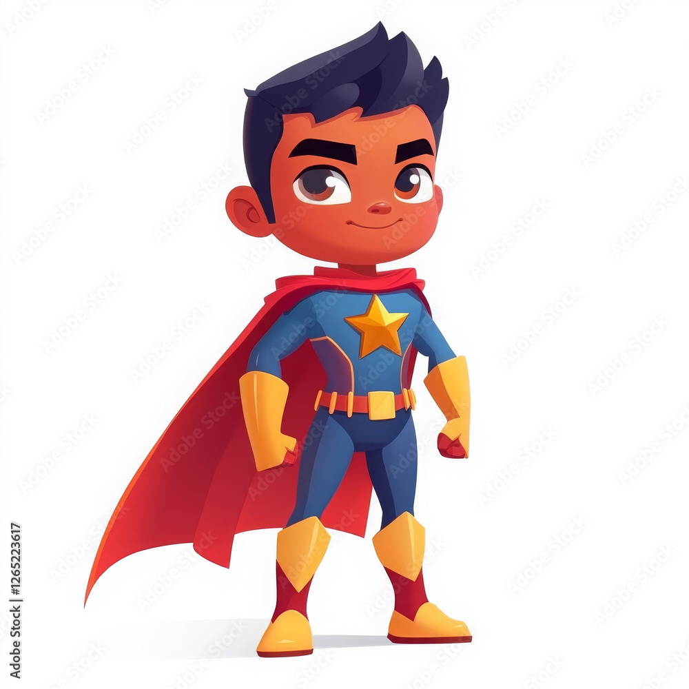 Brave boy superhero stands smiling confidently, ready for action and adventure