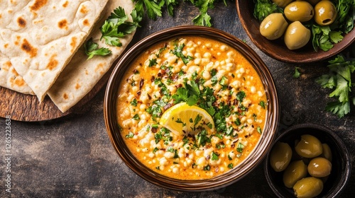 A vibrant bowl of Ful Medames topped with fresh parsley and lemon, served alongside pita bread and olives on a rustic table. photo