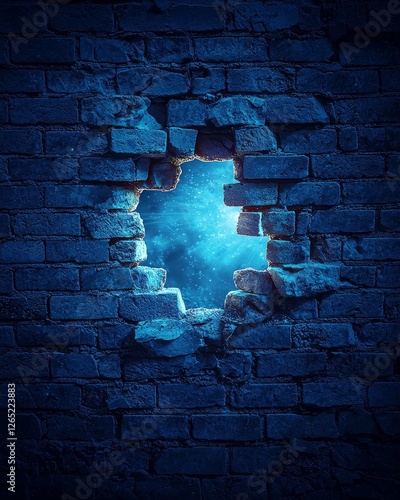 A broken brick wall with an opening in the center, representing breaking through environmental illusions and physical obstacles. The background is dark blue to create contrast