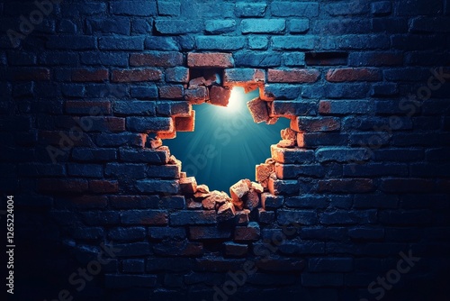 A broken brick wall with an opening in the center, representing breaking through environmental illusions and physical obstacles. The background is dark blue to create contrast