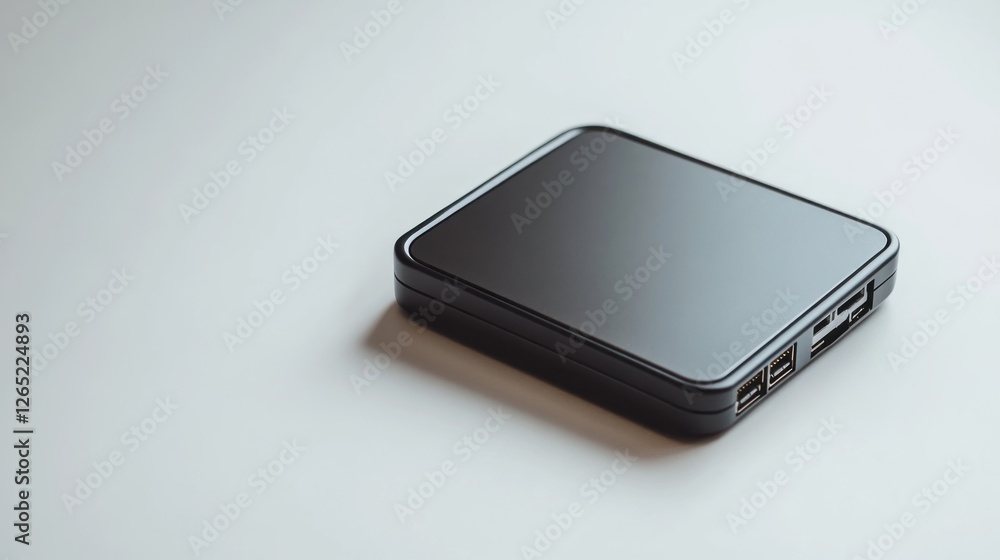 Modern black device, technology, on plain surface. Possible use for tech product demonstrations, presentations, and advertisements