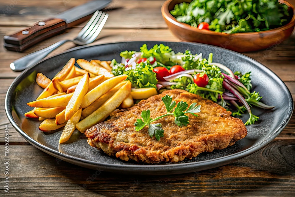 Steak Milanesa, Fries, Salad - Architectural Interior Photography Steak Milanesa, Fries, Salad - Architectural Interior Photography