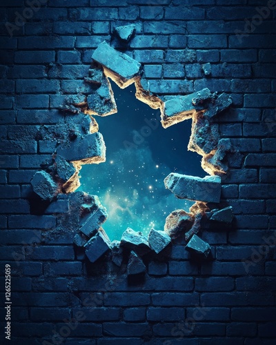 A broken brick wall with an opening in the center, representing breaking through environmental illusions and physical obstacles. The background is dark blue to create contrast