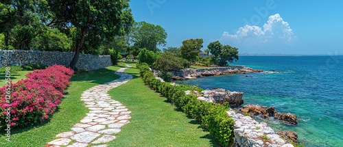 Coastal park path, sunny day, sea view, relaxation