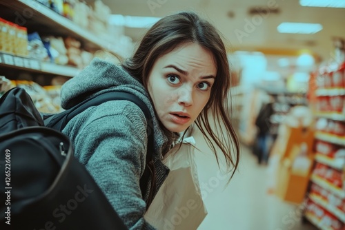 Retail Shoplifting. Woman Stealing In Supermarket, 