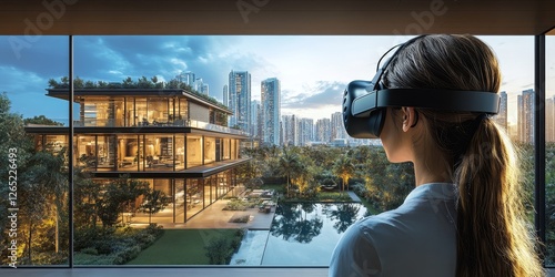 Person wearing a VR headset and exploring virtual real estate properties and architectural designs, VR technology for immersive property tours and visualization in the real estate, Generative AI