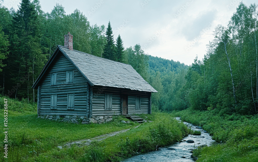 Tranquil wooden house by stream forest serene nature landscape Tranquil wooden house by stream forest serene nature landscape