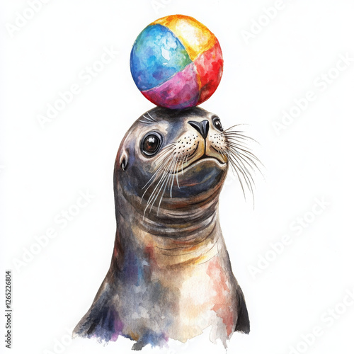 Seal with colorful ball, capturing playful and joyful moment photo