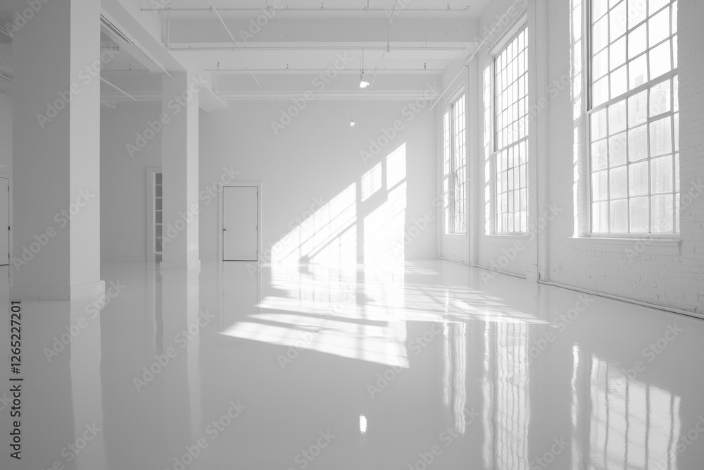 Obraz premium A clean and minimalist white room with soft lighting, featuring an empty doorframe and window on the right side of the picture. The floor is glossy and reflective, creating a serene atmosphere. 