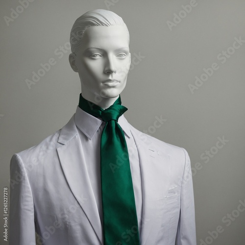 A single emerald green tie draped across a white mannequin.
