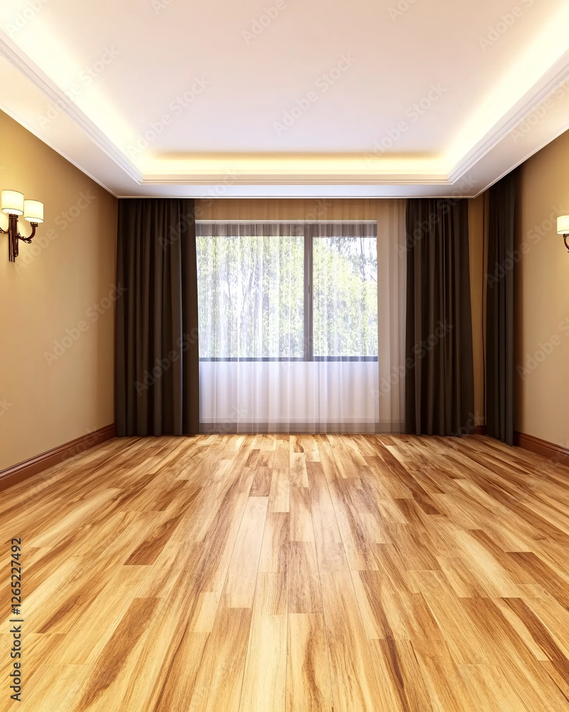 Empty room with wood flooring, brown curtains, and a window revealing trees in the distance. Empty room with wood flooring, brown curtains, and a window revealing trees in the distance.