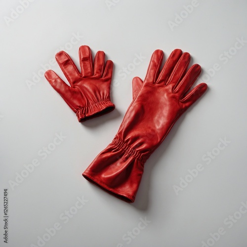 A pair of vibrant red gloves neatly positioned on a clean white background.