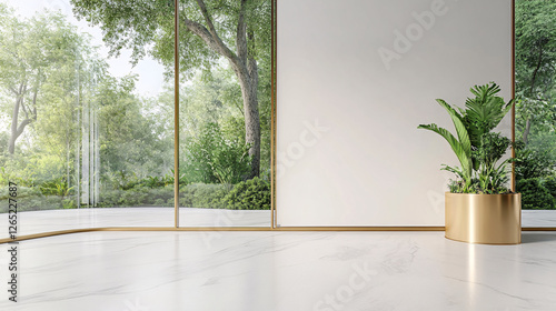 Bright, minimalist space featuring a lush green garden view through expansive windows and a vibrant potted plant.