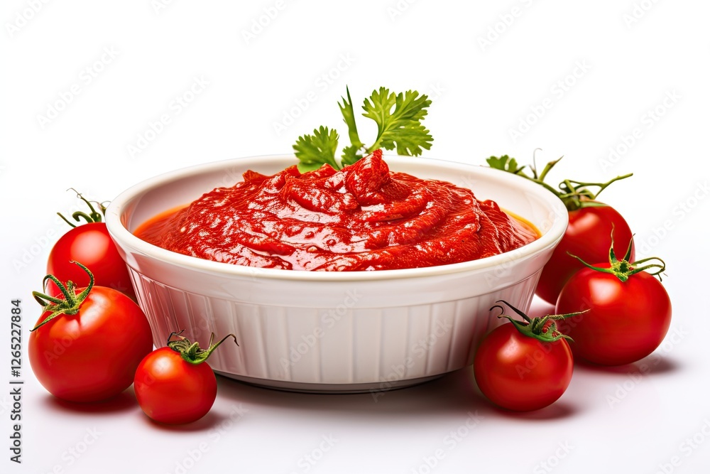 Tasty tomato paste and fresh vegetables in a bowl on a white background Tasty tomato paste and fresh vegetables in a bowl on a white background