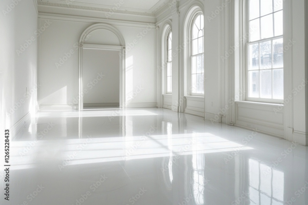Fototapeta premium A clean and minimalist white room with soft lighting, featuring an empty doorframe and window on the right side of the picture. The floor is glossy and reflective, creating a serene atmosphere.