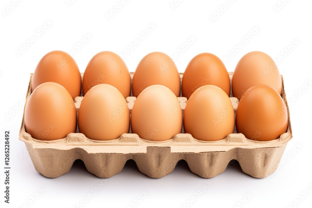 Ten brown eggs in an isolated box on a white background Fresh organic chicken eggs in a carton with room for text Ten brown eggs in an isolated box on a white background Fresh organic chicken eggs in a carton with room for text