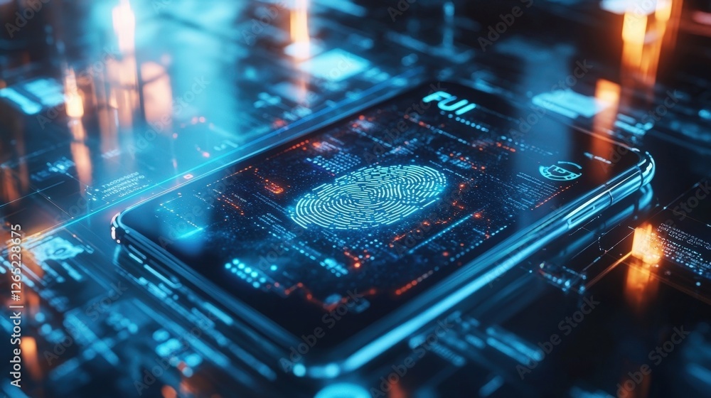 A smartphone positioned at an angle with its screen featuring a fusion of a fingerprint and a globe symbolizing personal data security on a global scale. Scattered around are various A smartphone positioned at an angle with its screen featuring a fusion of a fingerprint and a globe symbolizing personal data security on a global scale. Scattered around are various