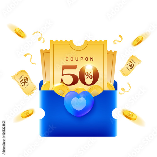 3d light yellow coupon inside a blue envelope, with lucky money and golden coins flying around, coupon code and heart icon, isolated on white background. Cashback gift voucher in 3d vector. Vector