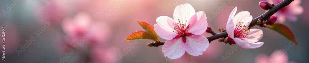 White and pink petals unfolding on cherry stems, nature, blossom, petals