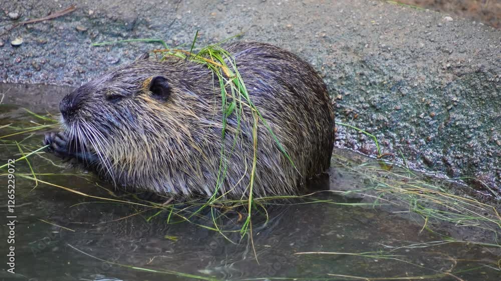 Close up nutria eating with it's front hands while sitting in a pond on a cloudy day Close up nutria eating with it's front hands while sitting in a pond on a cloudy day
