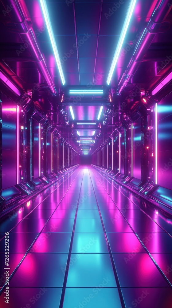 Fototapeta premium 3d, background, abstract Futuristic neon tunnel with geometric shapes and reflective metal surfaces