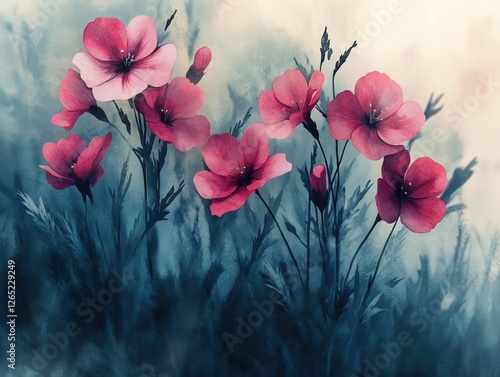 Wallpaper Mural Pink flowers bloom softly against a teal backdrop Torontodigital.ca