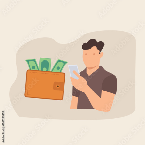 man working to earn money via cellphone illustration 