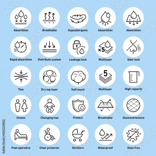Disposable changing mat set icons. The outline icons are well scalable and editable. Contrasting elements are good for different backgrounds. EPS10.