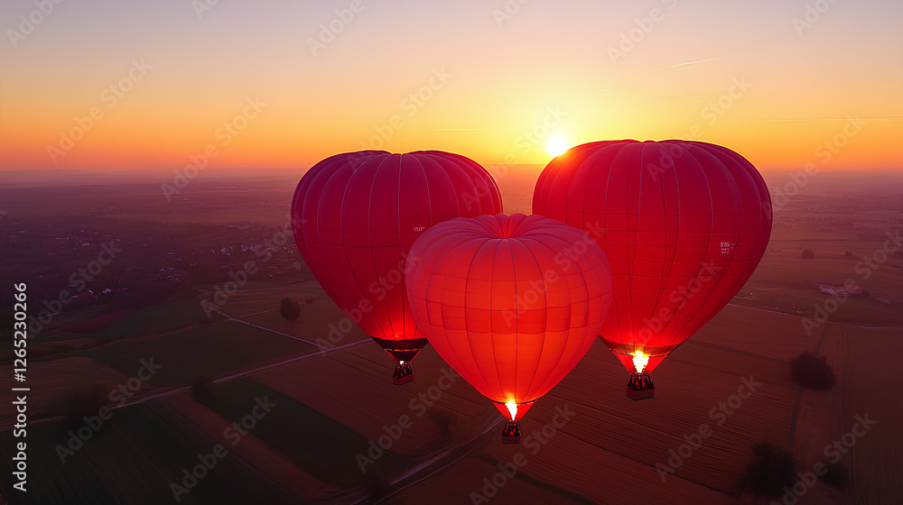 Fototapeta premium Heart Shaped Hot Air Balloons Sunrise Landscape