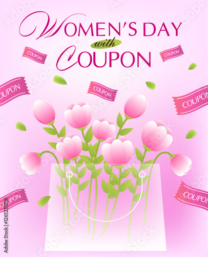 3d transparent shopping bag with flowers inside, coupons flying around, isolated on background. Women day gift voucher banner template in 3d vector illustration. Vector illustration