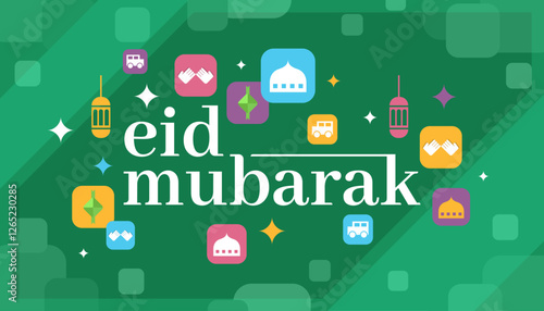 Eid Mubarak Banner With Simple Colorful Icons Concept