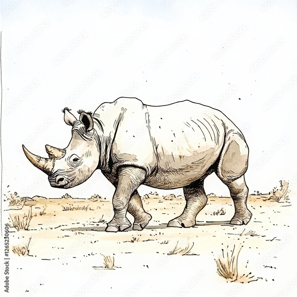 Fototapeta premium Strong rhino walking savanna with determination and purpose in its stride