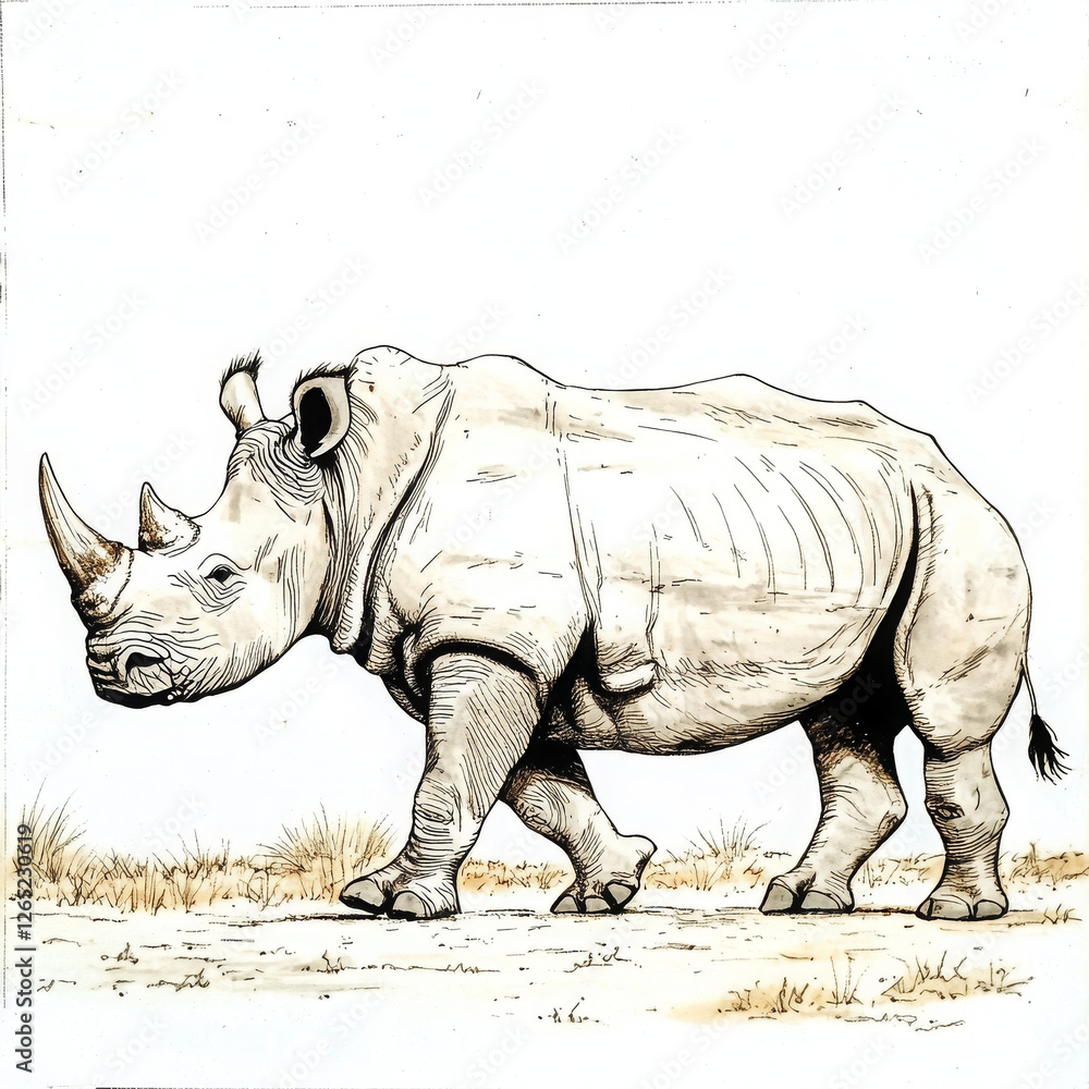 Obraz premium Rhino walking across dry savanna looking powerful and strong on sunny day