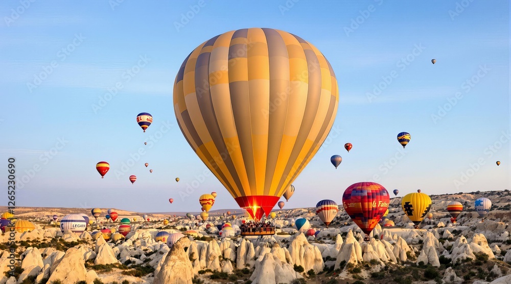 Obraz premium Hot air balloon festival in Cappadocia, Turkey, with colorful balloons flying over rocky landscapes