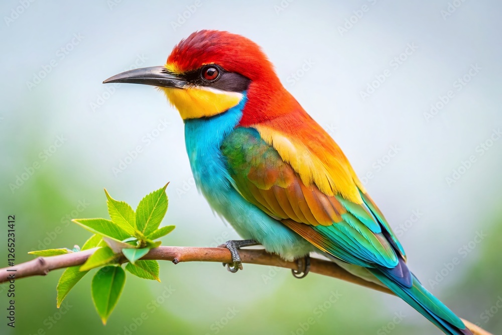 Vibrant Multicolored Bird on Branch - Green, Blue, Red Head - Isolated White Background Stock Photo Vibrant Multicolored Bird on Branch - Green, Blue, Red Head - Isolated White Background Stock Photo