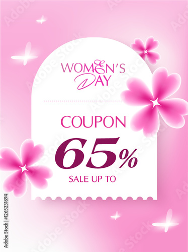 New Woman day Coupon banner template with coupon code, price off percentage isolated on gradient background with flowers around. Woman day gift voucher in vector illustration. Vector illustration