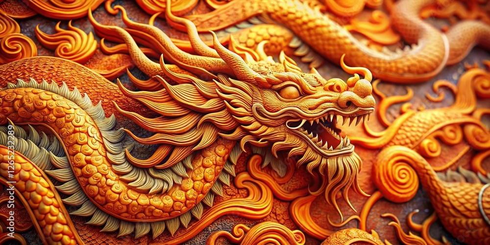 Fototapeta premium Vibrant Orange Chinese Dragon Pattern - Candid Close-Up Stock Photo
