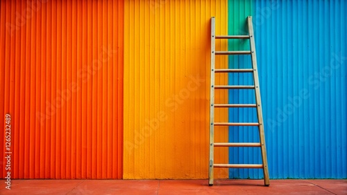 Vibrant Orange Ladder Leaning Against Colorful Wall - Stock Photo photo