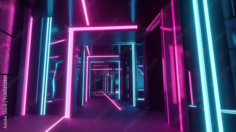 3d, background, abstract Futuristic neon tunnel with geometric shapes and reflective metal surfaces 3d, background, abstract Futuristic neon tunnel with geometric shapes and reflective metal surfaces