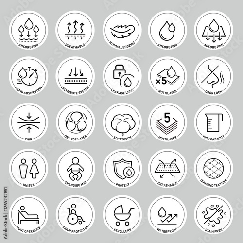 Disposable changing mat set icons. The outline icons are well scalable and editable. Contrasting elements are good for different backgrounds. EPS10.