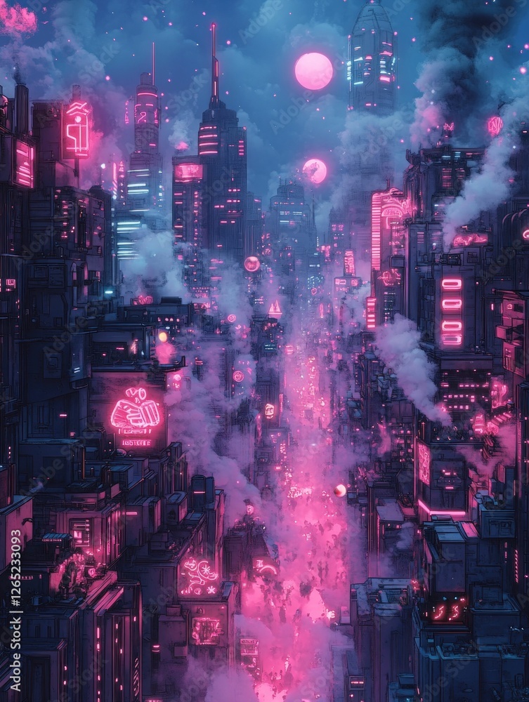 Fototapeta premium Futuristic city skyline glowing pink neon night
