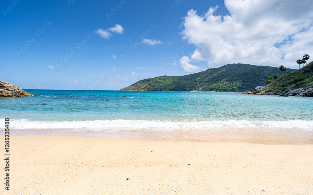Empty tropical beach and seascape, Beautiful sandy beach and sea in sunny day,Blue sky in good weather day, Beach sea space area nature background Empty tropical beach and seascape, Beautiful sandy beach and sea in sunny day,Blue sky in good weather day, Beach sea space area nature background