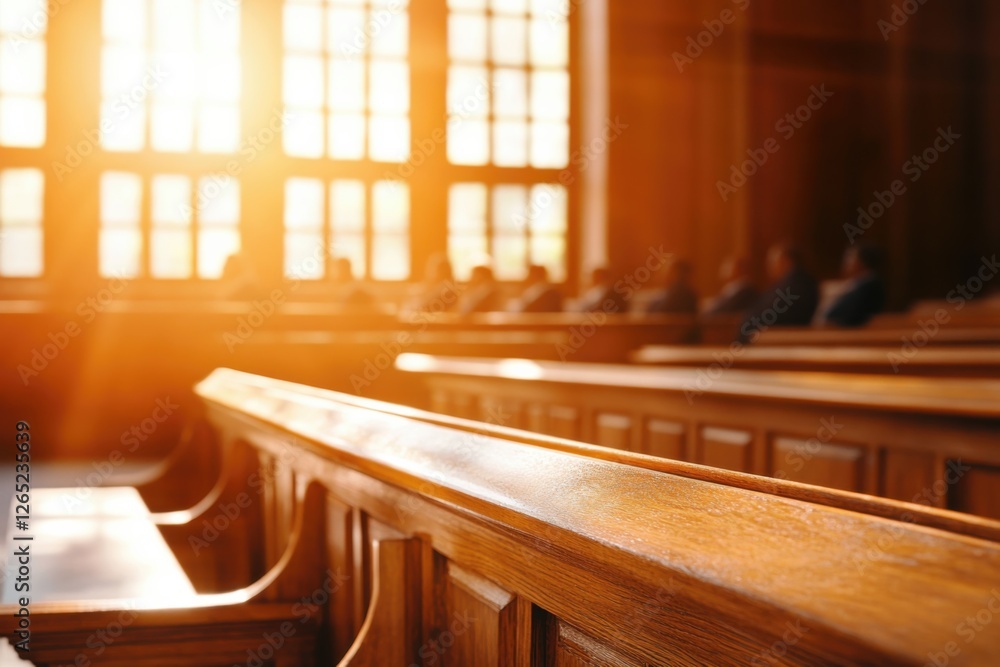 Fototapeta premium Witness testifies in bright courtroom as jury watches intently during legal proceedings