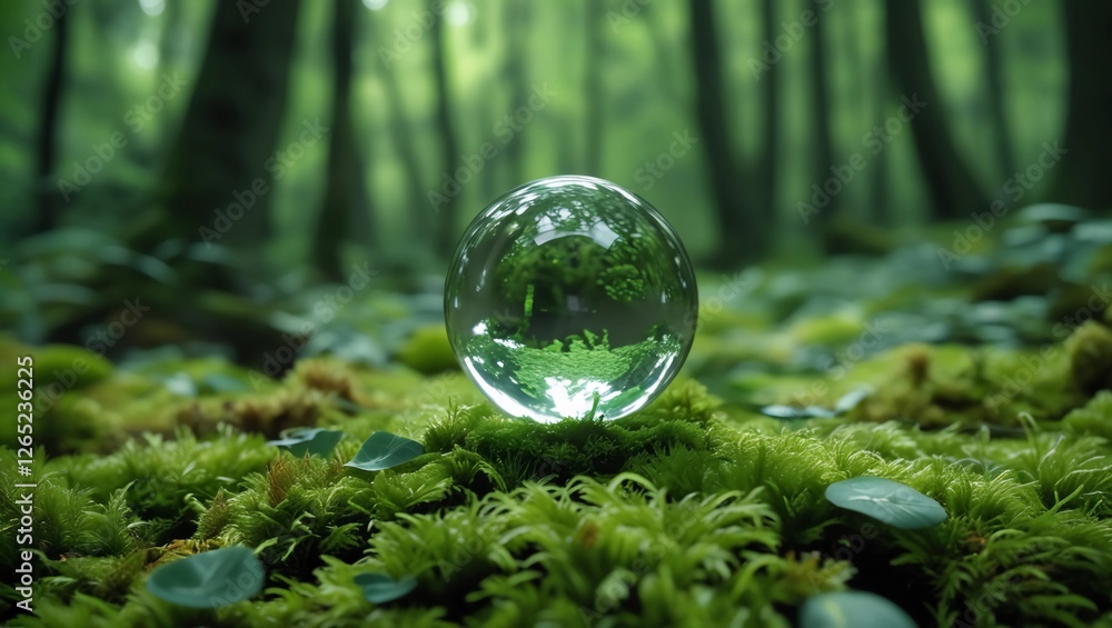 Crystal ball on moss in green forest - environmental concept, ecology and sustainable environment of the world. Eco-friendly green business on nature background. Crystal ball on moss in green forest - environmental concept, ecology and sustainable environment of the world. Eco-friendly green business on nature background.